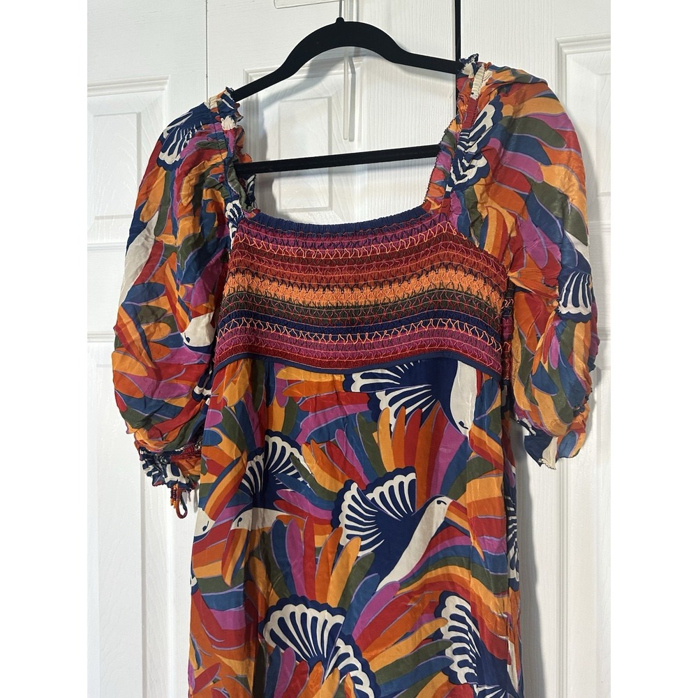 FARM RIO Rainbow Toucan Bird Print Smocked Maxi Dress M READ - Picture 3 of 7